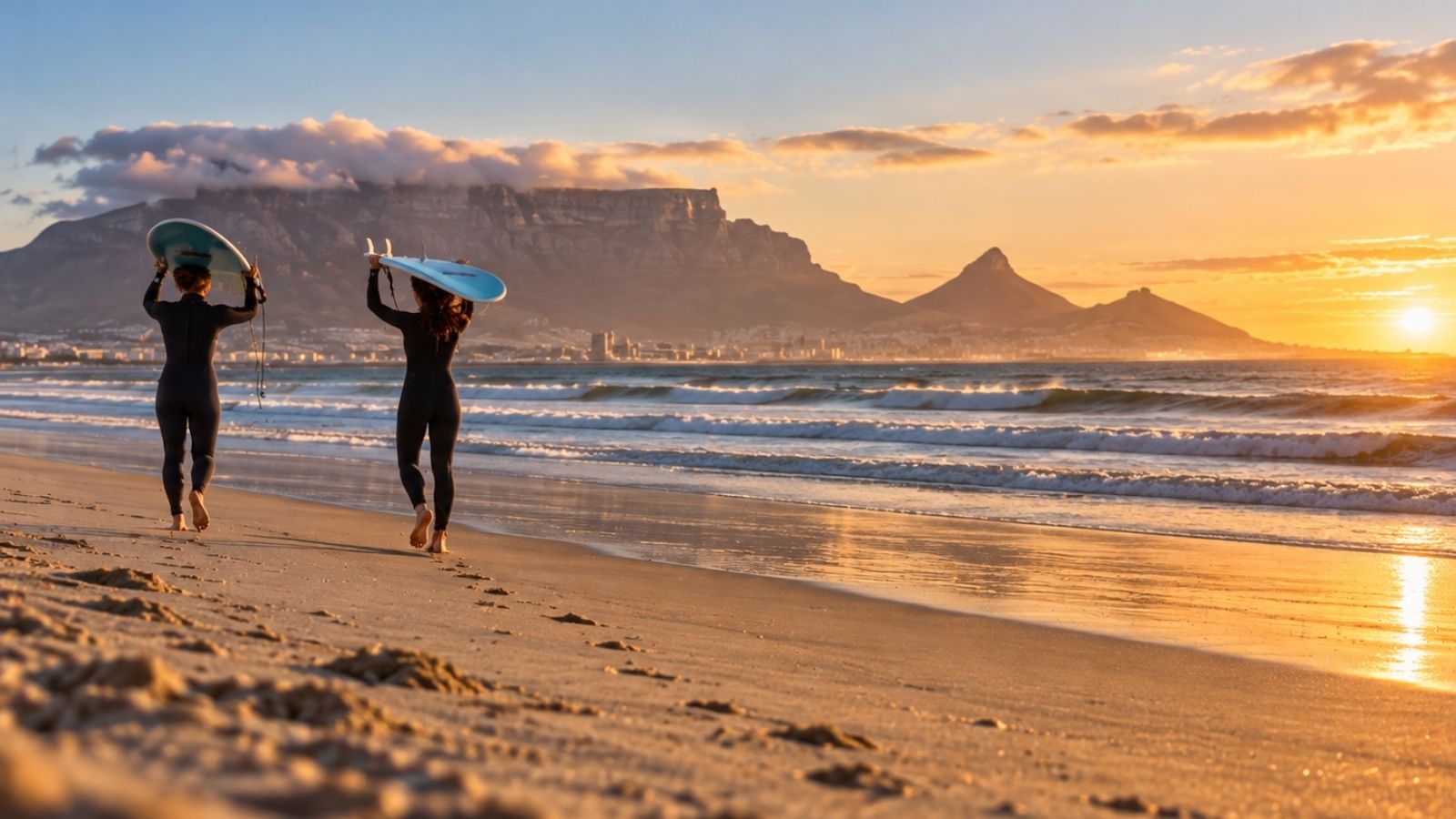 Surfers walking to the ocean with Table Mountain in Cape Town