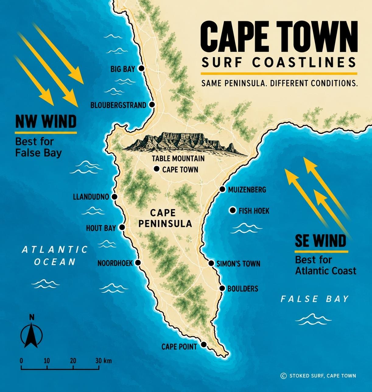 Map of Cape Town Surf locations on the Atlantic and False Bay coastlines