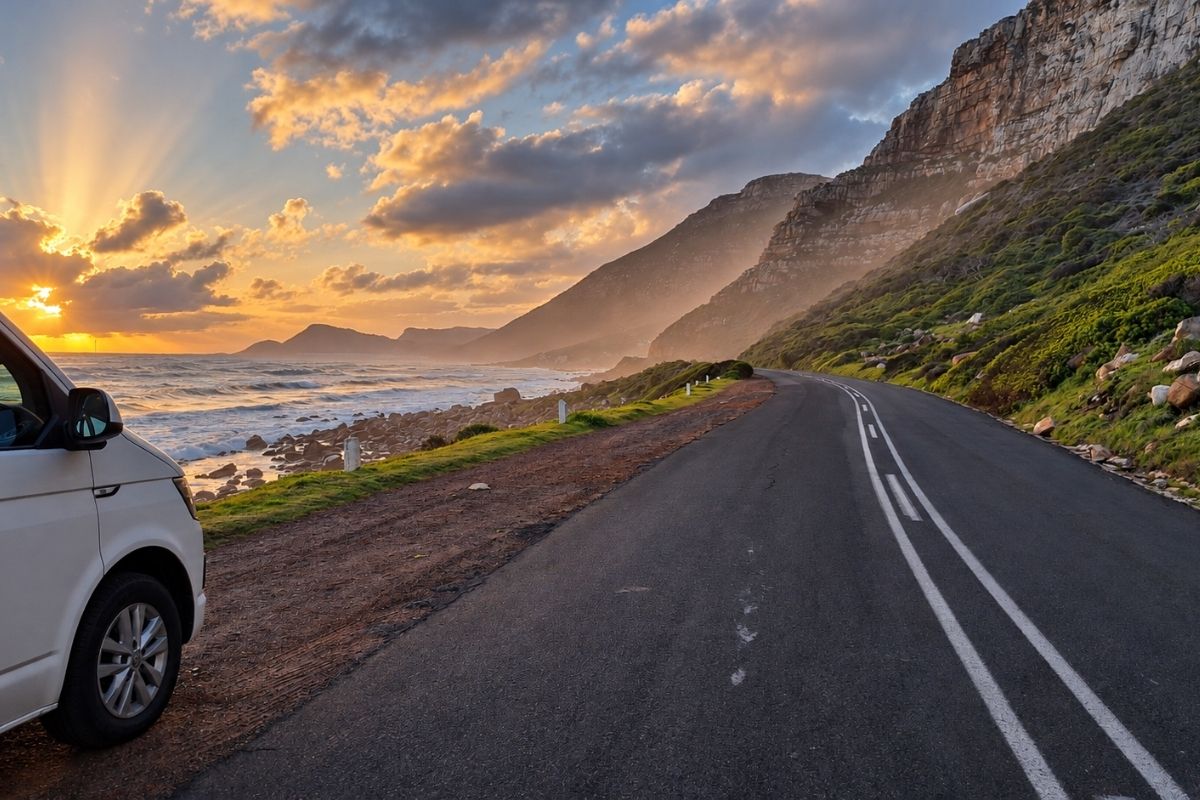 Stoked Surf vehicle on a scenic coastal drive during a Cape Town surf and adventure package.