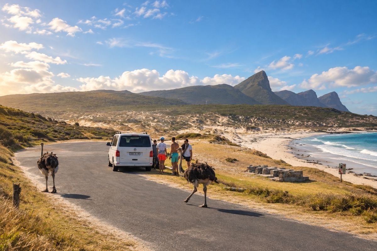 Stoked Surf vehicle with surfboards and guests exploring the Cape Peninsula with ostriches in foreground.