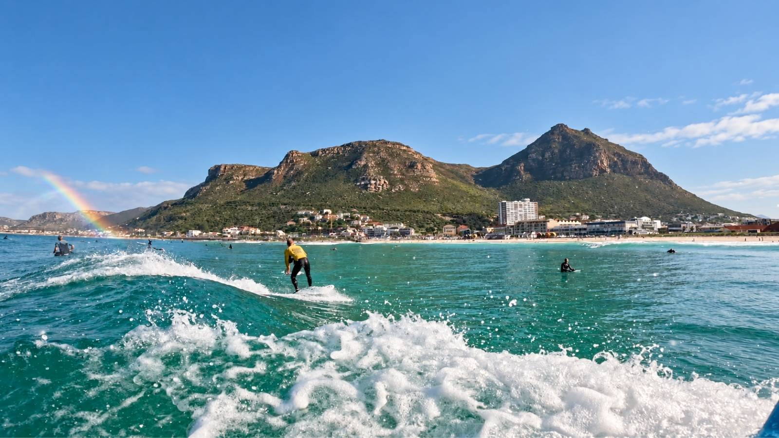 Intermediate surfer riding a wave at Muizenberg Beach in Cape Town.