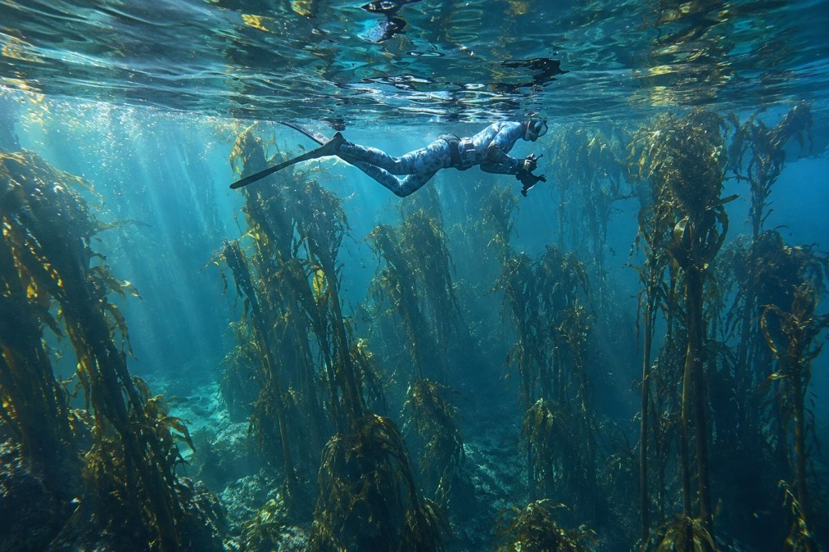 Snorkeler exploring a kelp forest off the Cape Town coast.