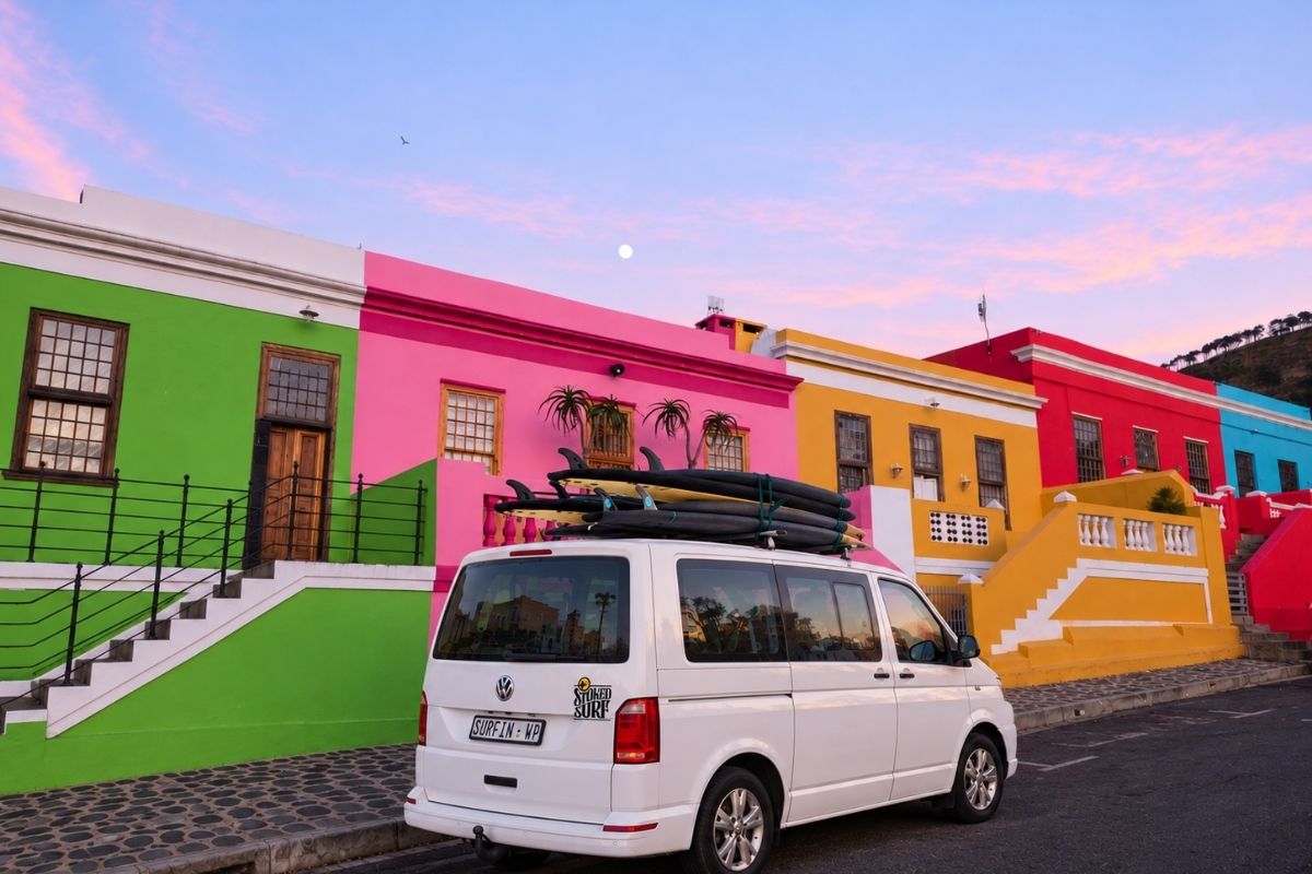 Stoked Surf van with surfboards in the colourful Bo-Kaap on a private Cape Town day tour