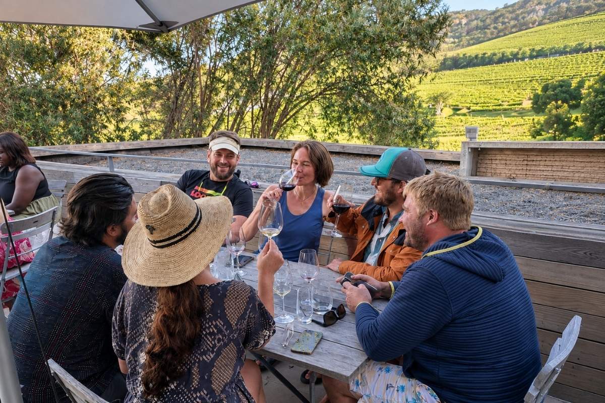 Guests enjoying a wine tasting in Constantia on a private Stoked Surf day tour in Cape Town